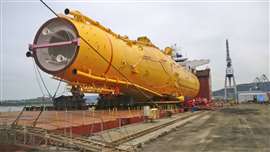 big yellow Navantia Seanergies monopile foundation lying horizontally