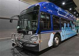 An Edmonton Transit Service bus powered by hydrogen at the 2024 Canadian Hydrogen Convention on April 23, 2024, in Edmonton, Alberta, Canada. 