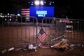 A flag is left at the event held by Democratic presidential nominee U.S. Vice President Kamala Harris during Election Night, at Howard University, in Washington, U.S., 6 November 2024. REUTERS/Daniel Cole TPX IMAGES OF THE DAY